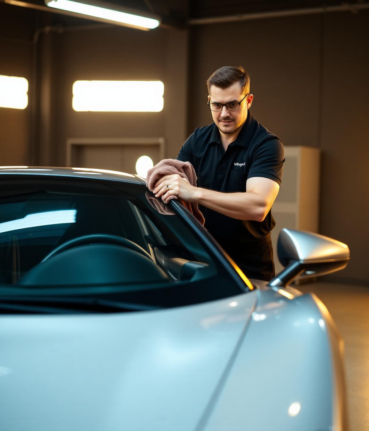 Detailer finishing a silver exotic car with a microfiber towel