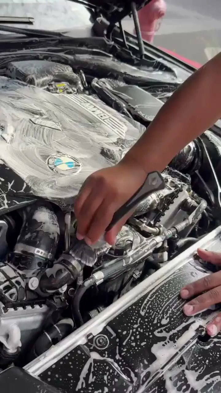 Detailing brush agitating degreaser over the BMW engine by hand