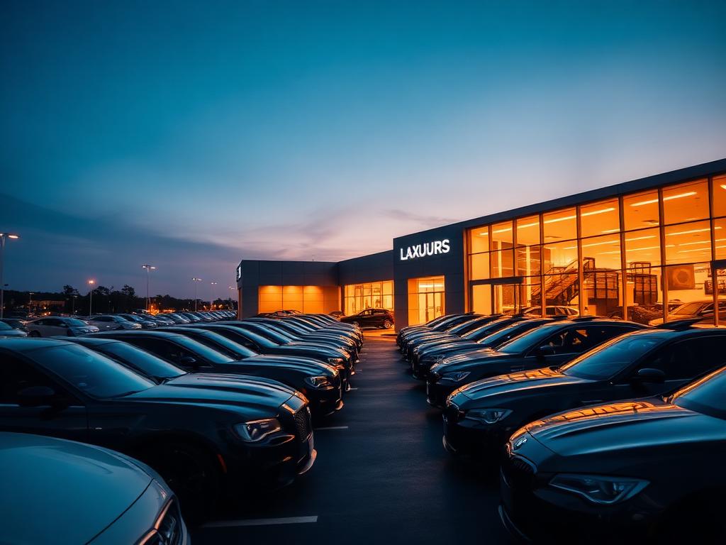Luxury dealership lot with polished vehicles at dusk