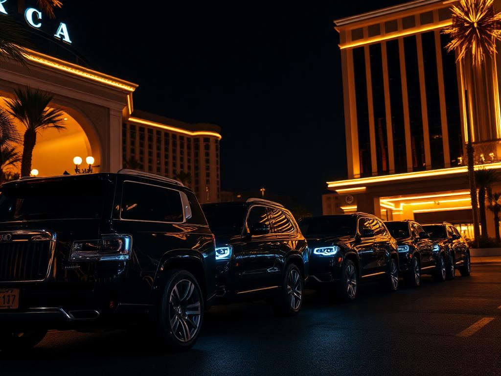 Valet line of detailed black luxury SUVs outside a Las Vegas resort